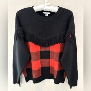 BAR III | Black Red Buffalo Plaid Fringe Sweater | Size Medium